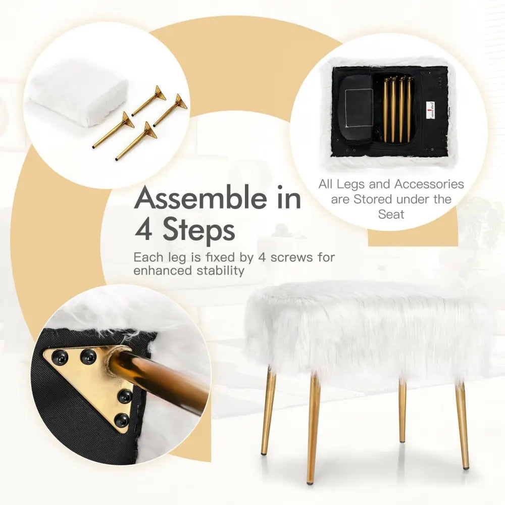 Faux Fur Vanity Stool with Golden Metal Legs for Makeup Room-White - White - Ottomans