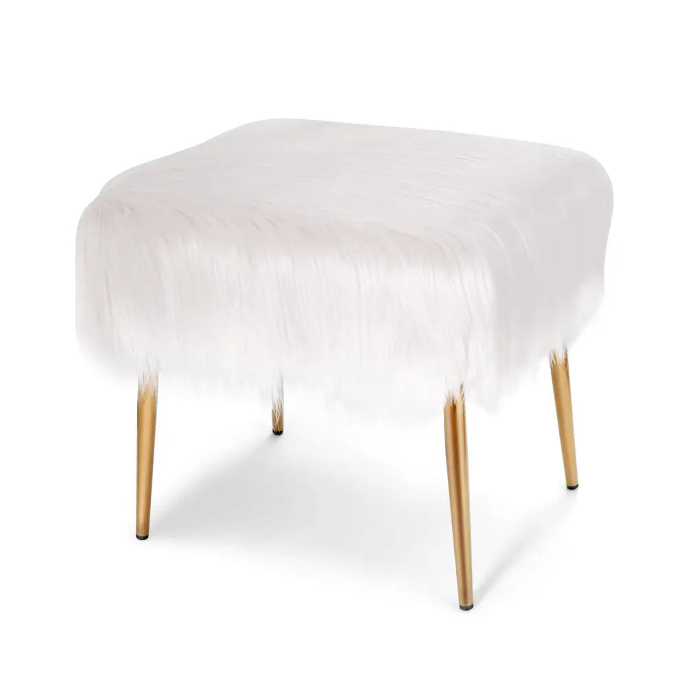 Faux Fur Vanity Stool with Golden Metal Legs for Makeup Room-White - White - Ottomans