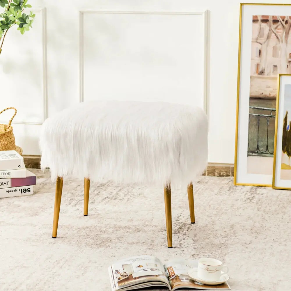 Faux Fur Vanity Stool with Golden Metal Legs for Makeup Room-White - White - Ottomans