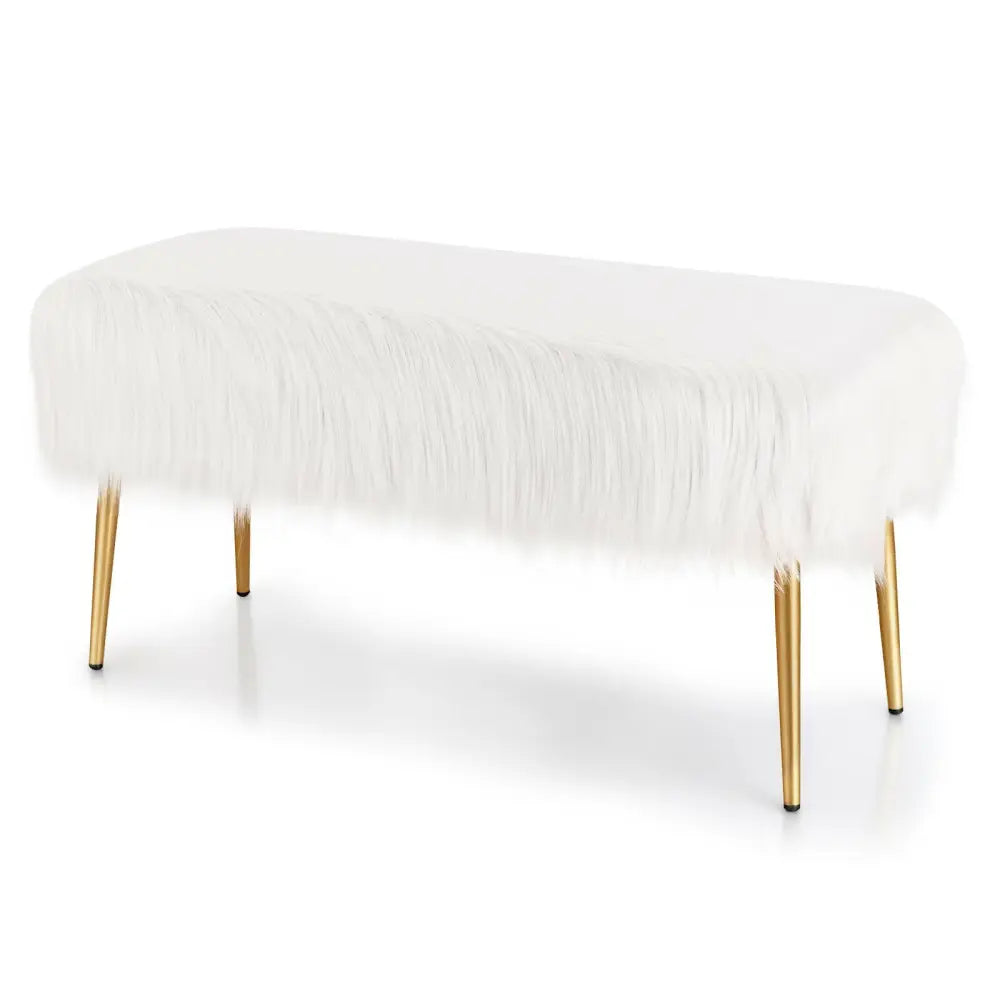 Faux Fur Vanity Stool with Golden Metal Legs for Makeup Room-White - White - Ottomans
