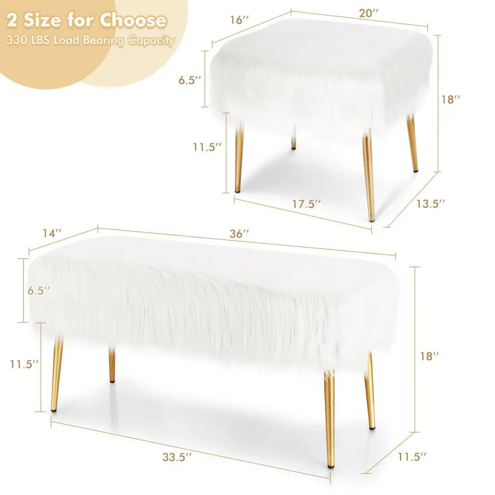 Faux Fur Vanity Stool with Golden Metal Legs for Makeup Room-White - White - Ottomans