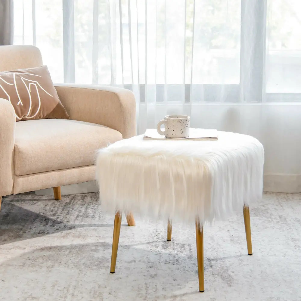 Faux Fur Vanity Stool with Golden Metal Legs for Makeup Room-White - White - Ottomans