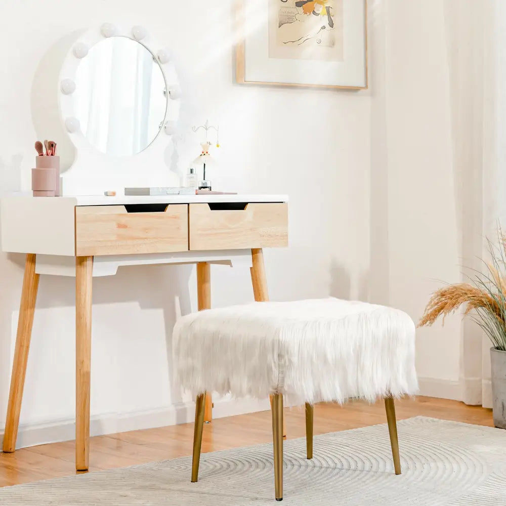 Faux Fur Vanity Stool with Golden Metal Legs for Makeup Room-White - White - Ottomans
