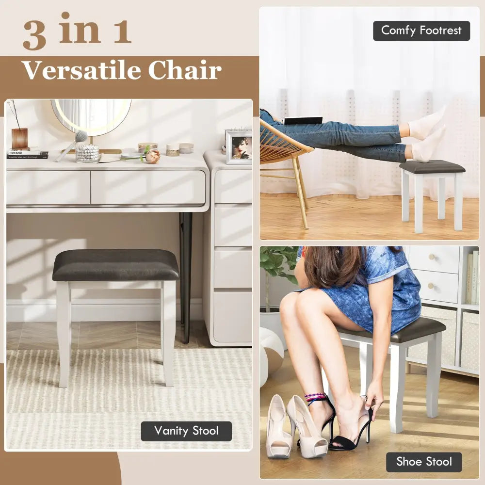 Faux Leather Vanity Stool Chair Set of 2 for Makeup Room and Living Room-Gray and White - Gray & White - Ottomans