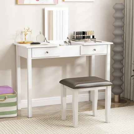 Faux Leather Vanity Stool Chair Set of 2 for Makeup Room and Living Room-Gray and White - Gray & White - Ottomans