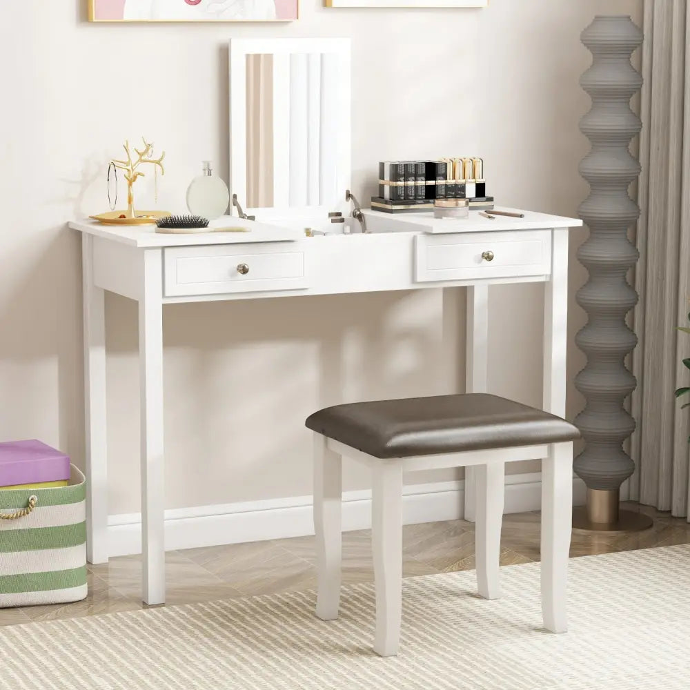 Faux Leather Vanity Stool Chair Set of 2 for Makeup Room and Living Room-Gray and White - Gray & White - Ottomans