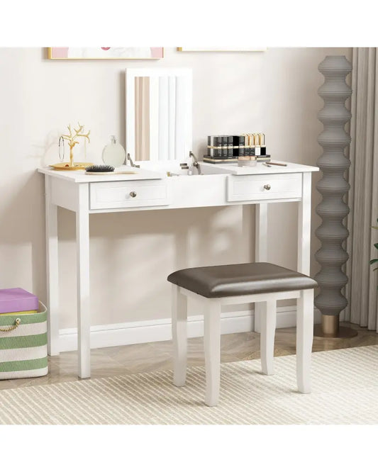 Faux Leather Vanity Stool Chair Set of 2 for Makeup Room and Living Room-Gray and White - Gray & White - Ottomans