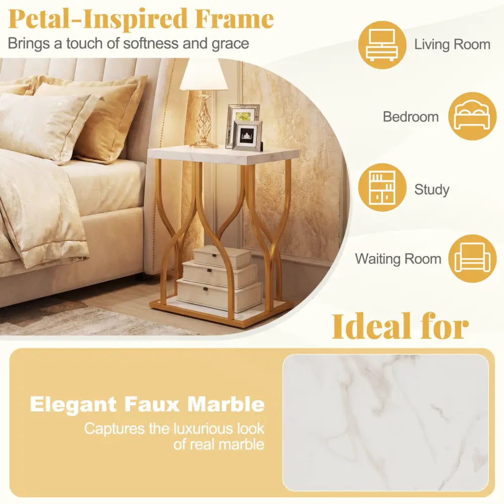 Faux Marble Bedside Night Stand with Petal-Inspired Metal Frame-White - White - Nightstands