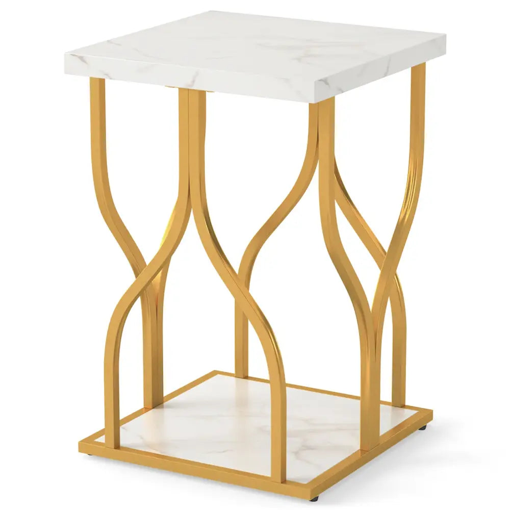 Faux Marble Bedside Night Stand with Petal-Inspired Metal Frame-White - White - Nightstands