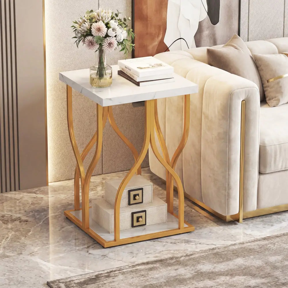 Faux Marble Bedside Night Stand with Petal-Inspired Metal Frame-White - White - Nightstands
