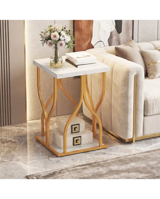 Faux Marble Bedside Night Stand with Petal-Inspired Metal Frame-White - White - Nightstands
