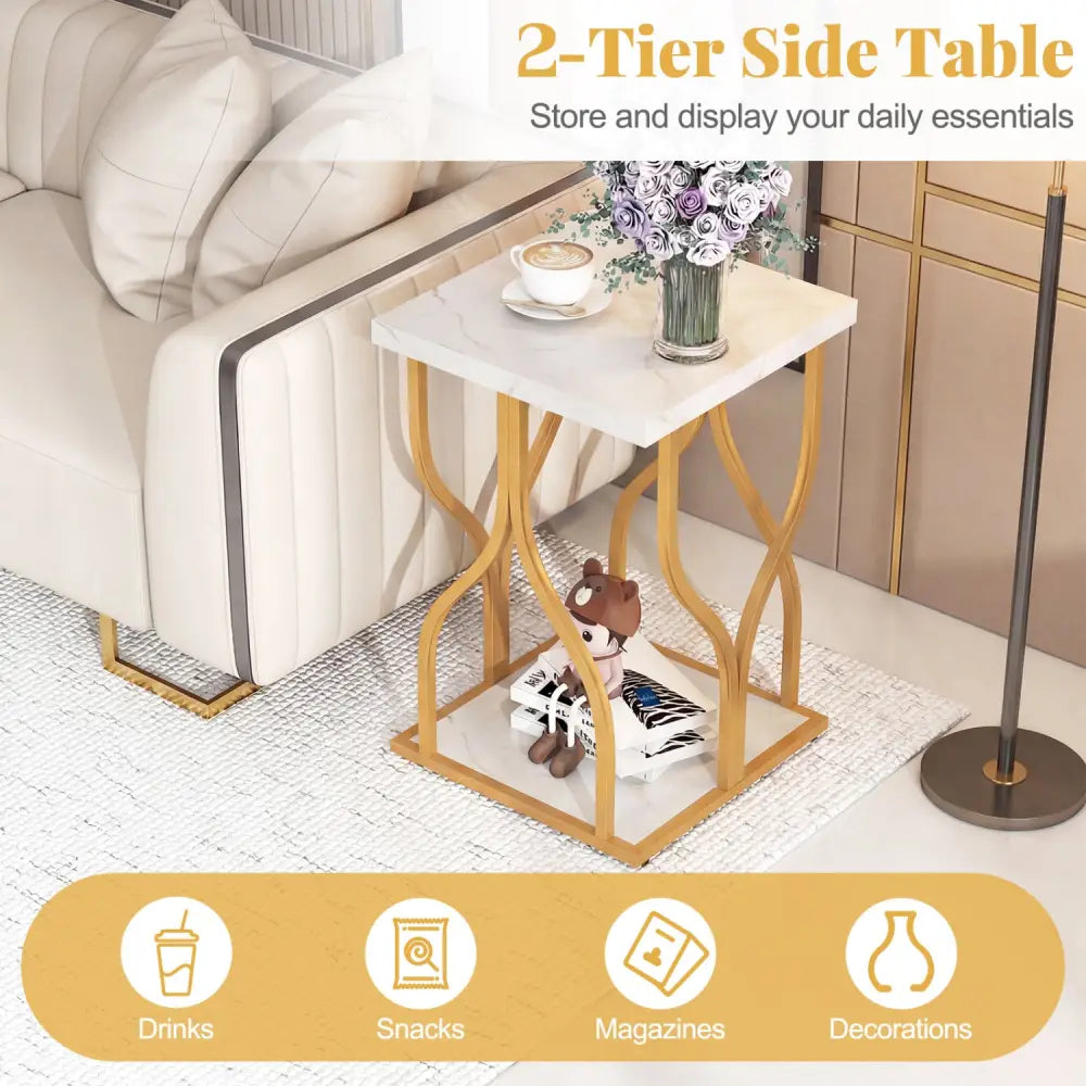 Faux Marble Bedside Night Stand with Petal-Inspired Metal Frame-White - White - Nightstands