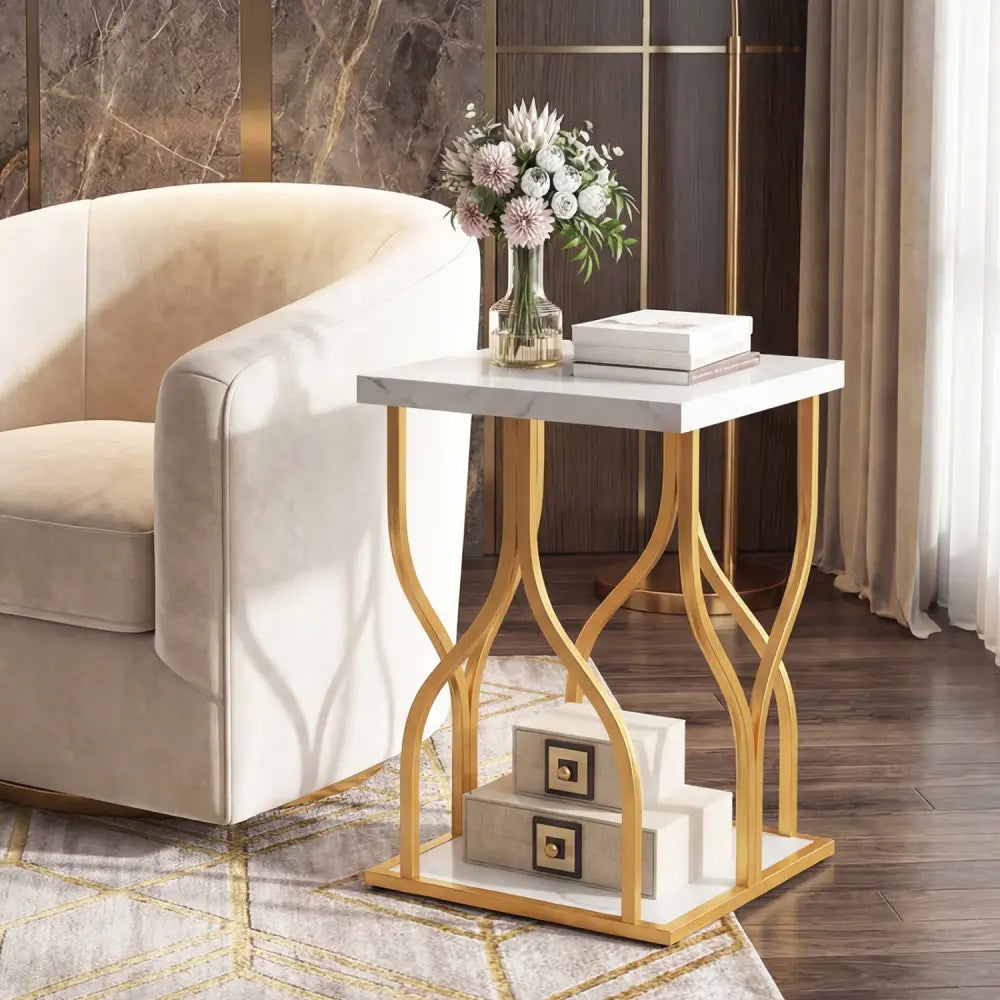 Faux Marble Bedside Night Stand with Petal-Inspired Metal Frame-White - White - Nightstands
