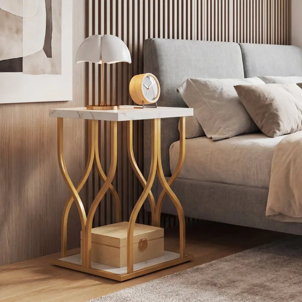 Faux Marble Bedside Night Stand with Petal-Inspired Metal Frame-White - White - Nightstands