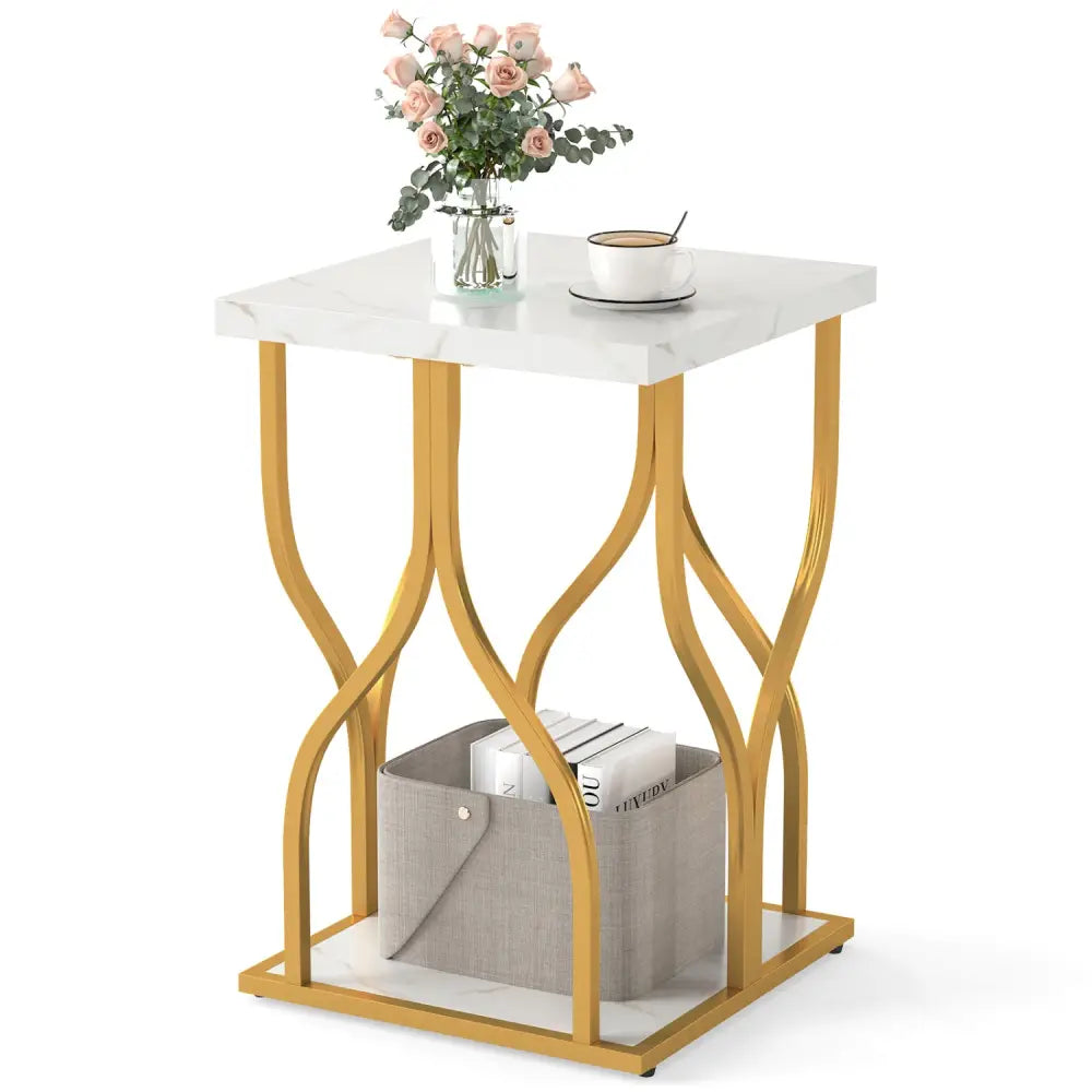 Faux Marble Bedside Night Stand with Petal-Inspired Metal Frame-White - White - Nightstands