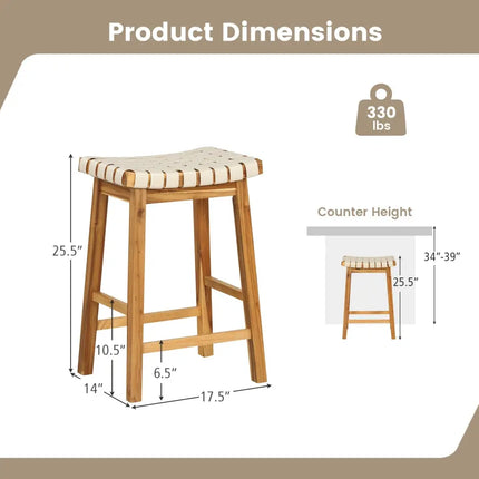 Faux PU Leather Bar Stools Set of 2 with Woven Curved Seat Natural-25.5 inches - Natural - Bar Stools
