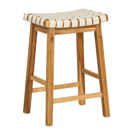 Faux PU Leather Bar Stools Set of 2 with Woven Curved Seat Natural-25.5 inches - Natural - Bar Stools