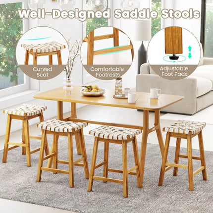 Faux PU Leather Bar Stools Set of 2 with Woven Curved Seat Natural-25.5 inches - Natural - Bar Stools