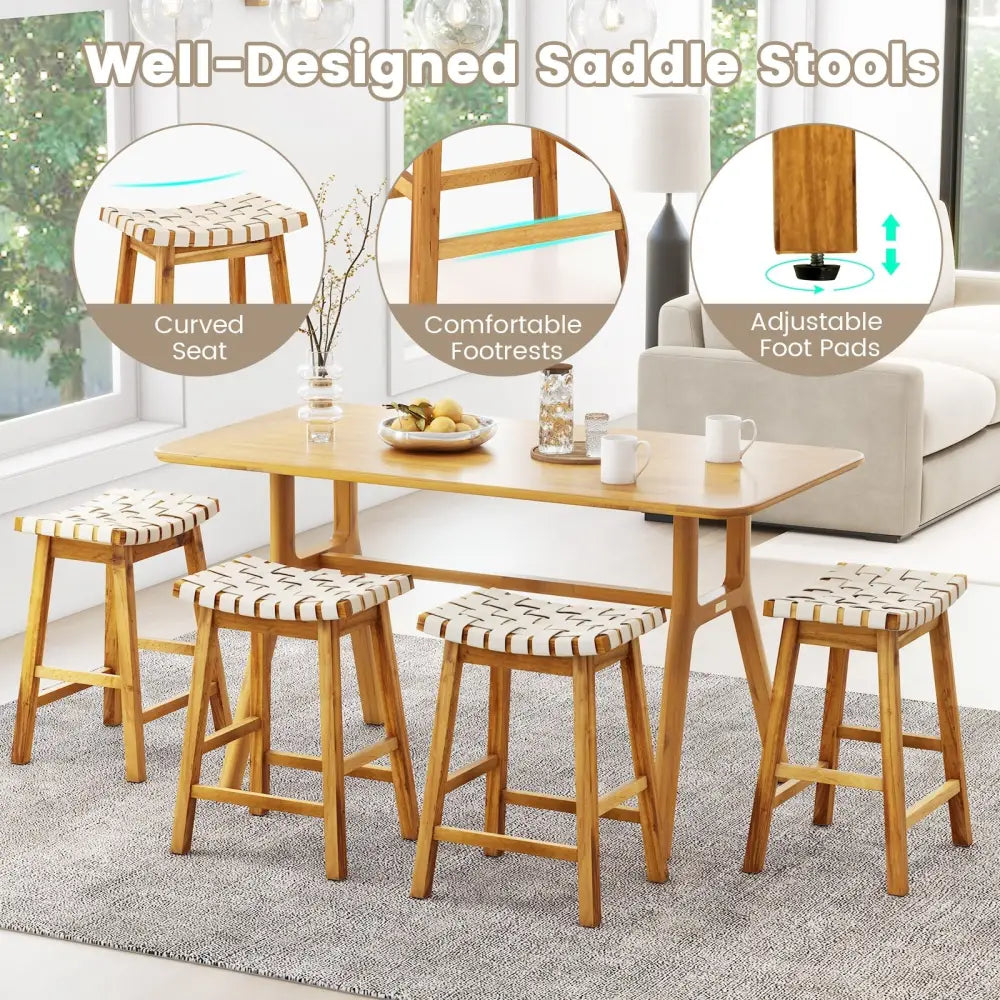 Faux PU Leather Bar Stools Set of 2 with Woven Curved Seat Natural-25.5 inches - Natural - Bar Stools