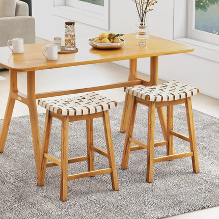 Faux PU Leather Bar Stools Set of 2 with Woven Curved Seat Natural-25.5 inches - Natural - Bar Stools