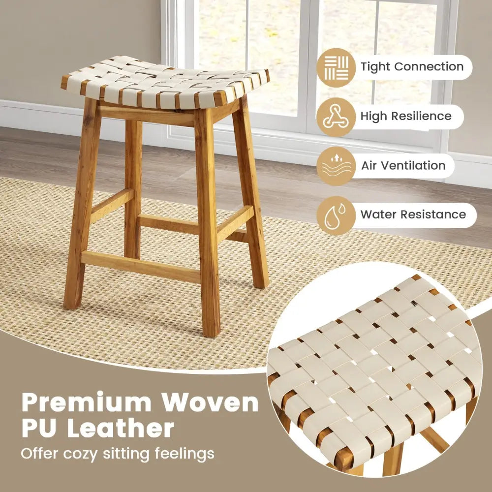 Faux PU Leather Bar Stools Set of 2 with Woven Curved Seat Natural-25.5 inches - Natural - Bar Stools