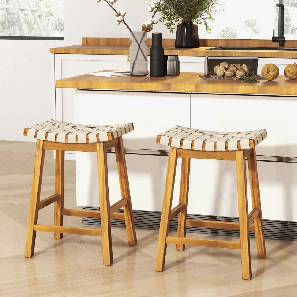 Faux PU Leather Bar Stools Set of 2 with Woven Curved Seat Natural-25.5 inches - Natural - Bar Stools