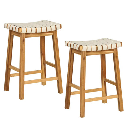 Faux PU Leather Bar Stools Set of 2 with Woven Curved Seat Natural-25.5 inches - Natural - Bar Stools