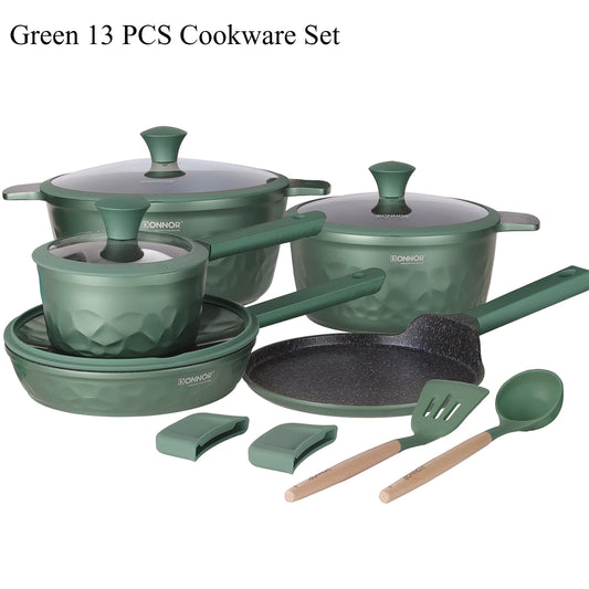 Green 13-piece cookware set with pots, pans, and utensils on a white background