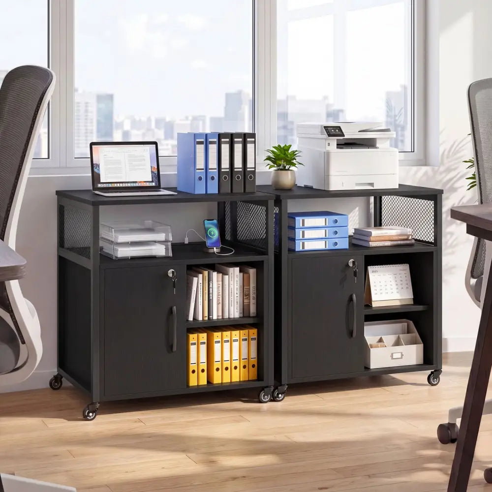 File Cabinet on Wheels with Charging Station and Cable Management Hole-Black - Black - File Cabinets