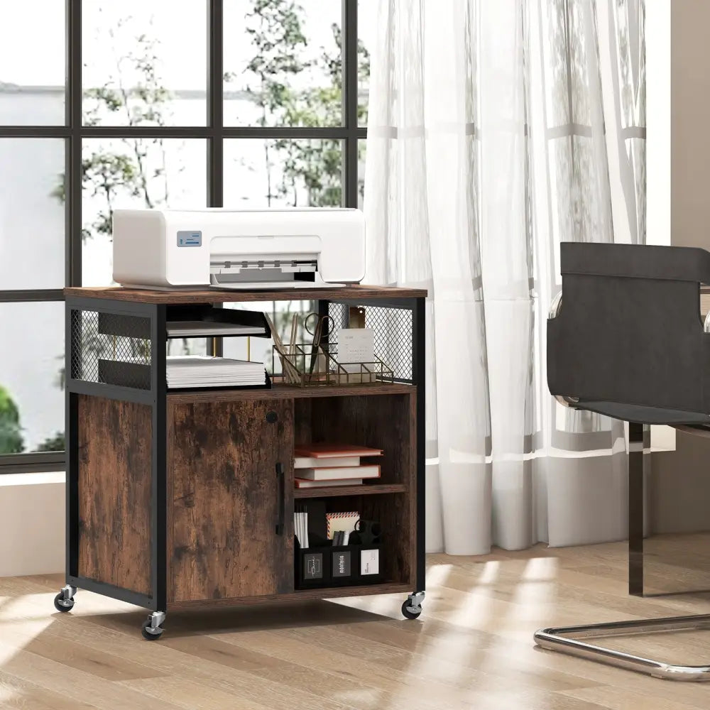 File Cabinet on Wheels with Charging Station and Cable Management Hole-Brown - Brown - File Cabinets
