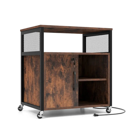 File Cabinet on Wheels with Charging Station and Cable Management Hole-Brown - Brown - File Cabinets