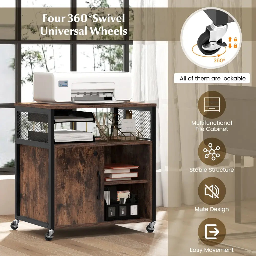 File Cabinet on Wheels with Charging Station and Cable Management Hole-Brown - Brown - File Cabinets