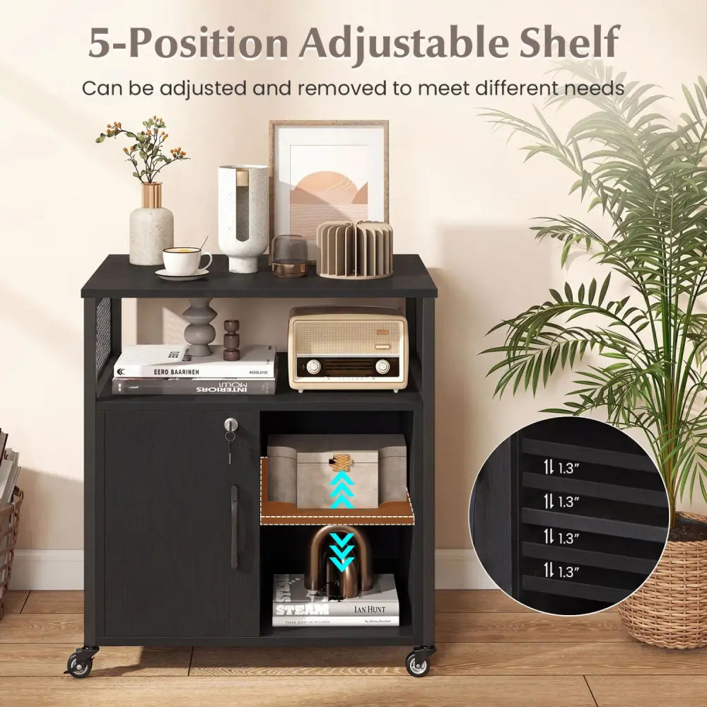 File Cabinet on Wheels with Charging Station and Cable Management Hole-Black - Black - File Cabinets