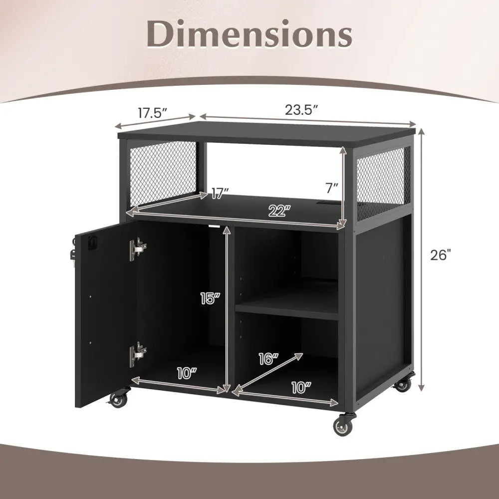 File Cabinet on Wheels with Charging Station and Cable Management Hole-Black - Black - File Cabinets