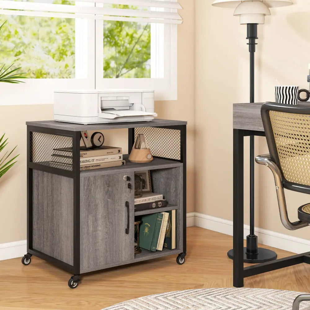 File Cabinet on Wheels with Charging Station and Cable Management Hole-Gray - Gray - File Cabinets