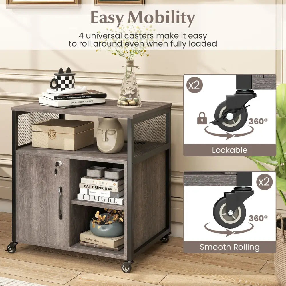 File Cabinet on Wheels with Charging Station and Cable Management Hole-Gray - Gray - File Cabinets