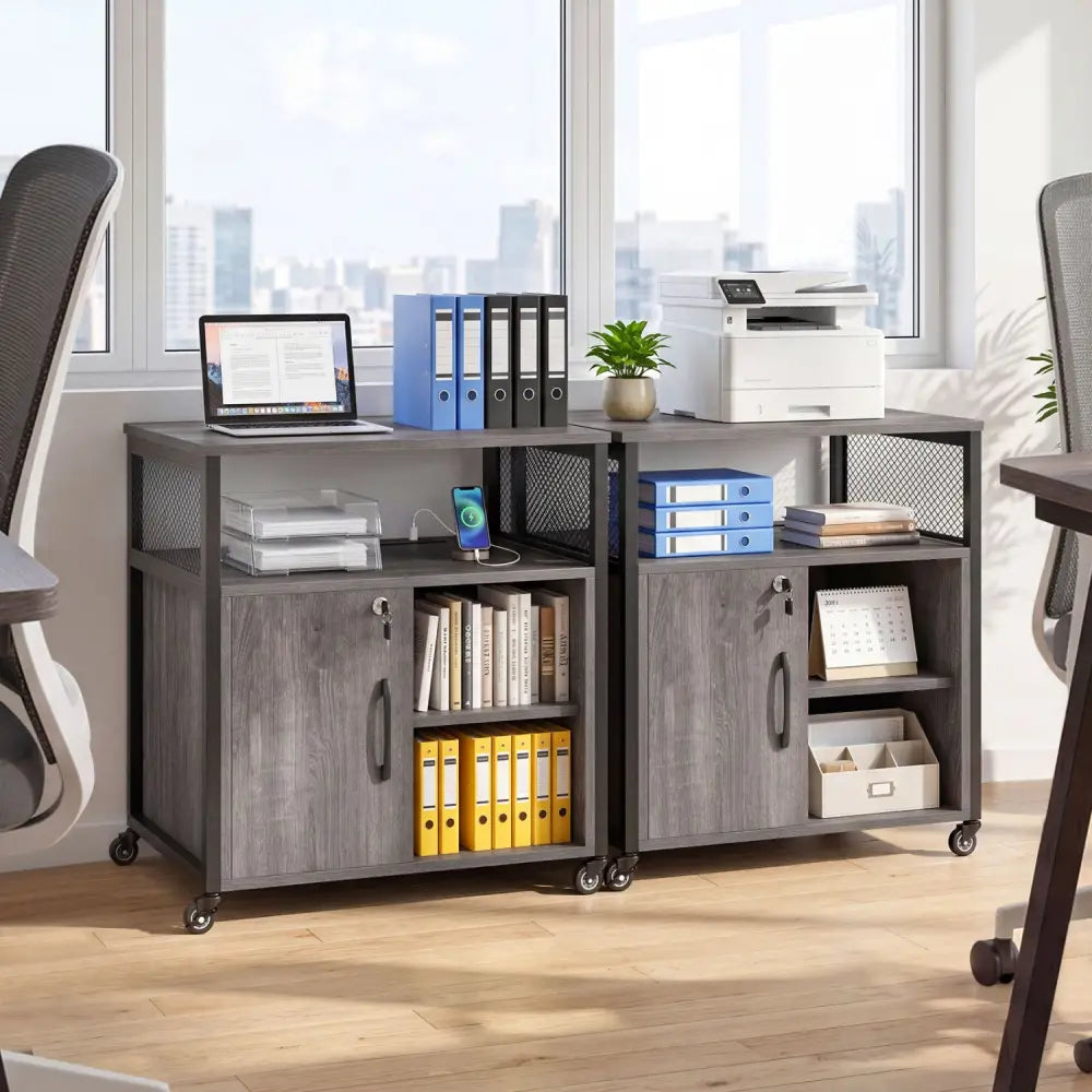 File Cabinet on Wheels with Charging Station and Cable Management Hole-Gray - Gray - File Cabinets