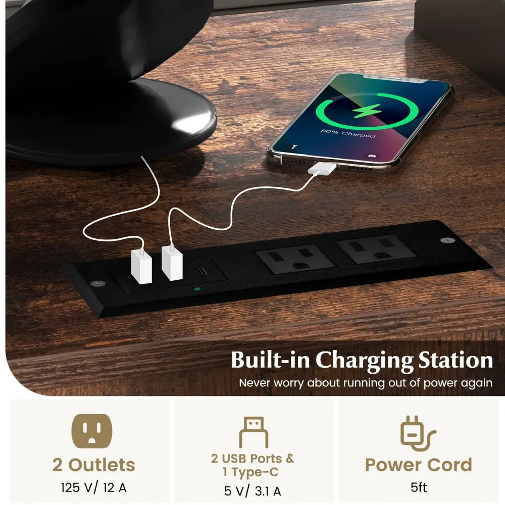 File Cabinet on Wheels with Charging Station and Cable Management Hole-Brown - Brown - File Cabinets