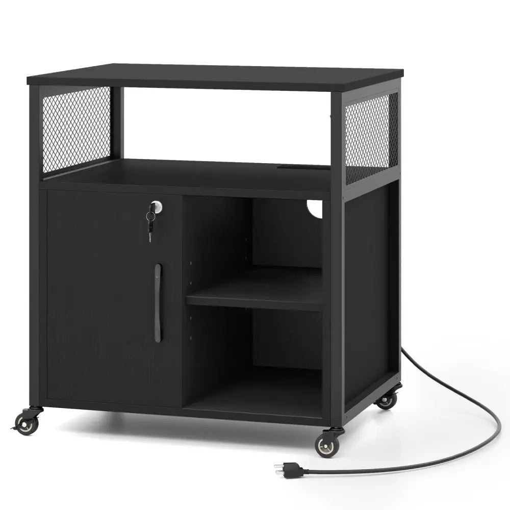 File Cabinet on Wheels with Charging Station and Cable Management Hole-Black - Black - File Cabinets