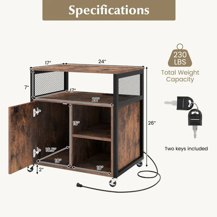 File Cabinet on Wheels with Charging Station and Cable Management Hole-Brown - Brown - File Cabinets