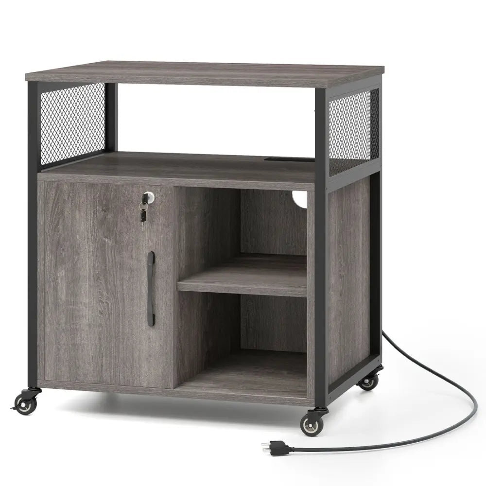 File Cabinet on Wheels with Charging Station and Cable Management Hole-Gray - Gray - File Cabinets