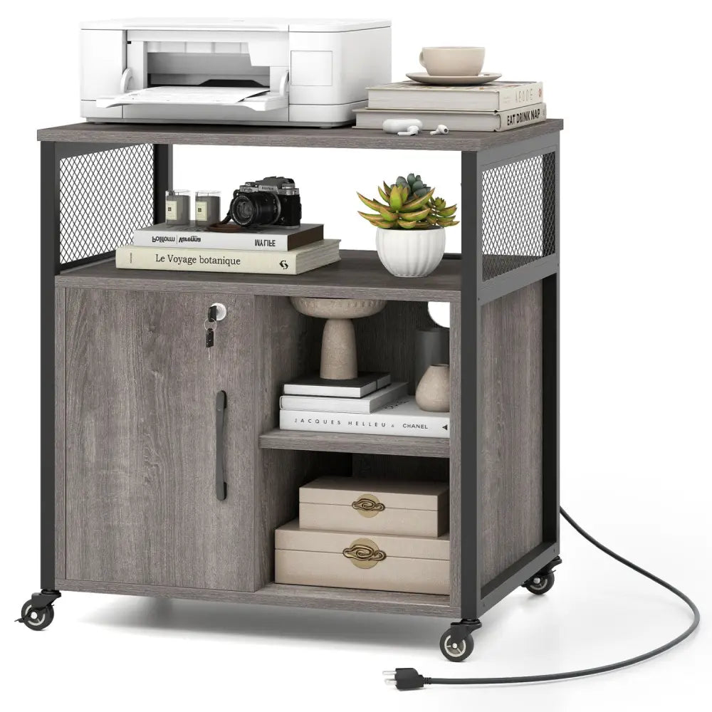 File Cabinet on Wheels with Charging Station and Cable Management Hole-Gray - Gray - File Cabinets