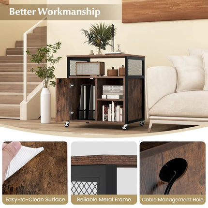 File Cabinet on Wheels with Charging Station and Cable Management Hole-Brown - Brown - File Cabinets