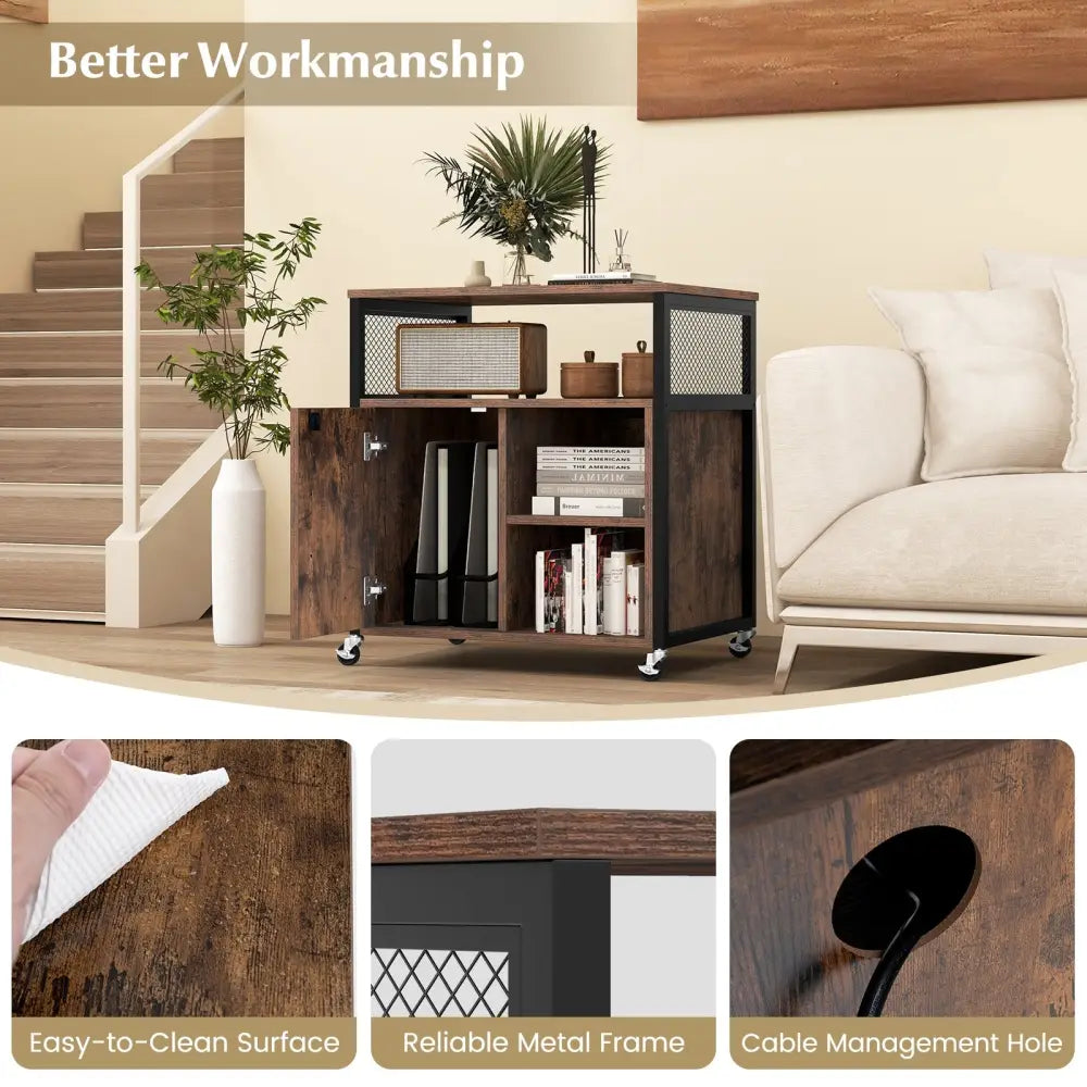 File Cabinet on Wheels with Charging Station and Cable Management Hole-Brown - Brown - File Cabinets