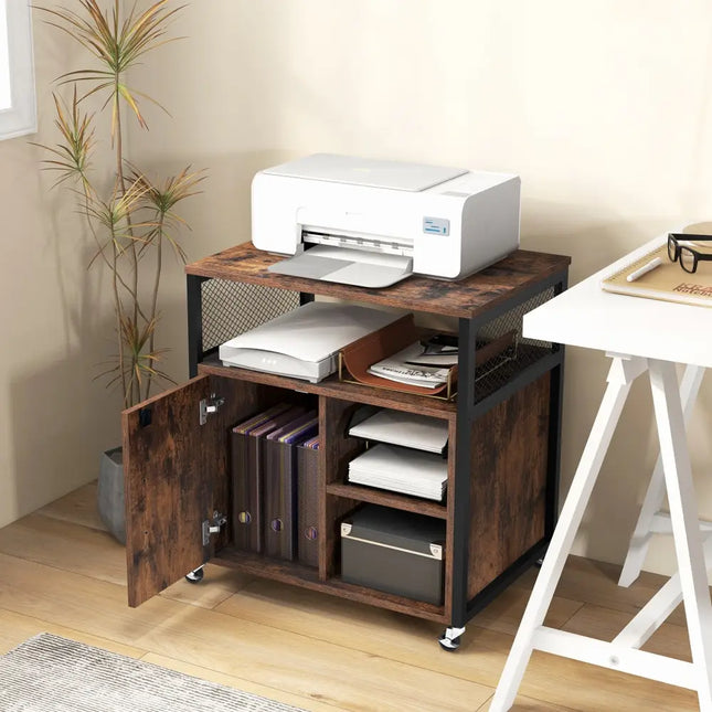 File Cabinet on Wheels with Charging Station and Cable Management Hole-Brown - Brown - File Cabinets