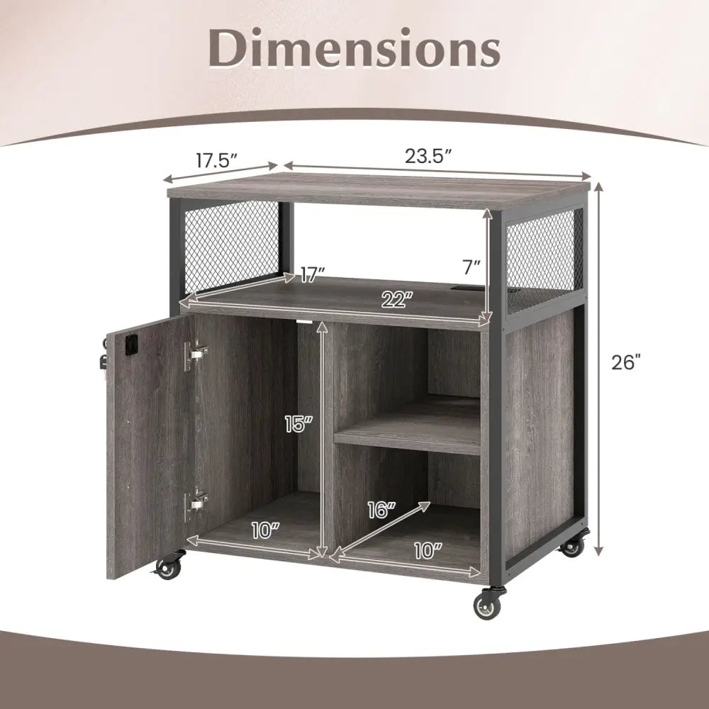 File Cabinet on Wheels with Charging Station and Cable Management Hole-Gray - Gray - File Cabinets