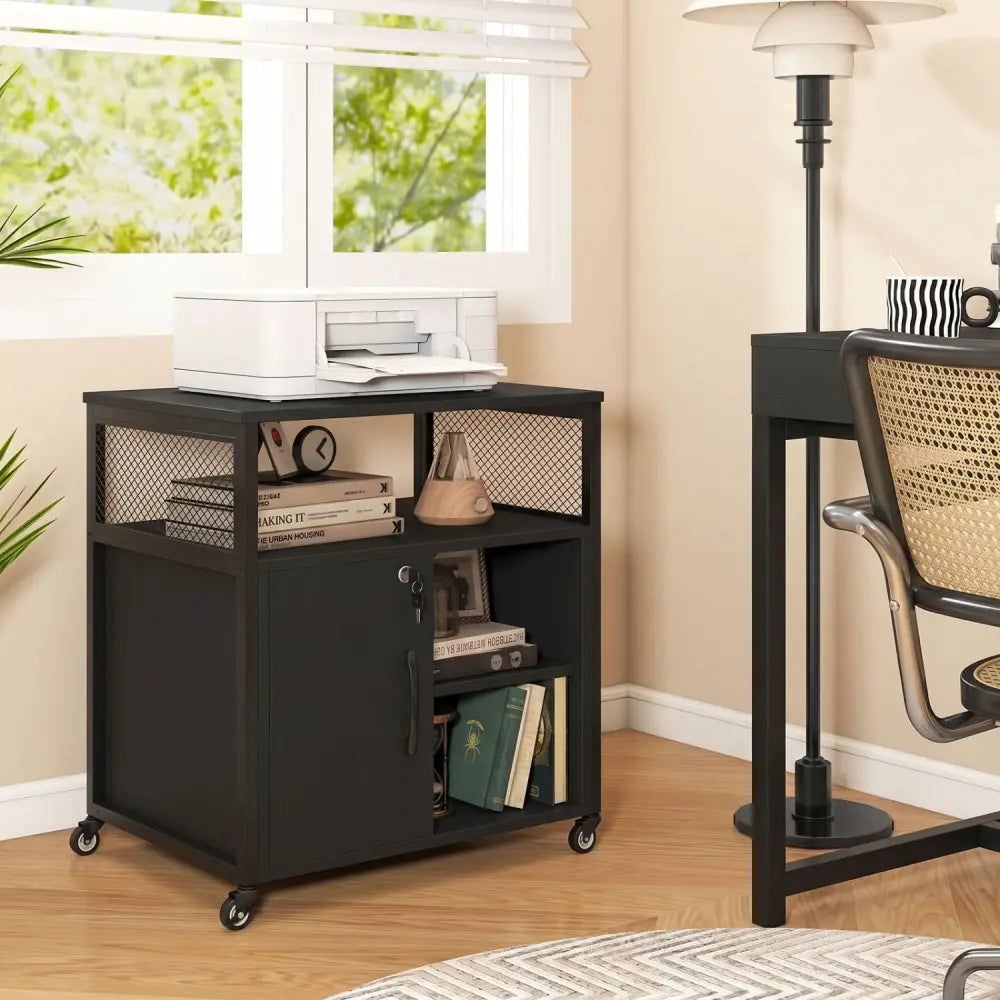 File Cabinet on Wheels with Charging Station and Cable Management Hole-Black - Black - File Cabinets