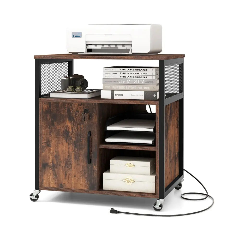 File Cabinet on Wheels with Charging Station and Cable Management Hole-Brown - Brown - File Cabinets