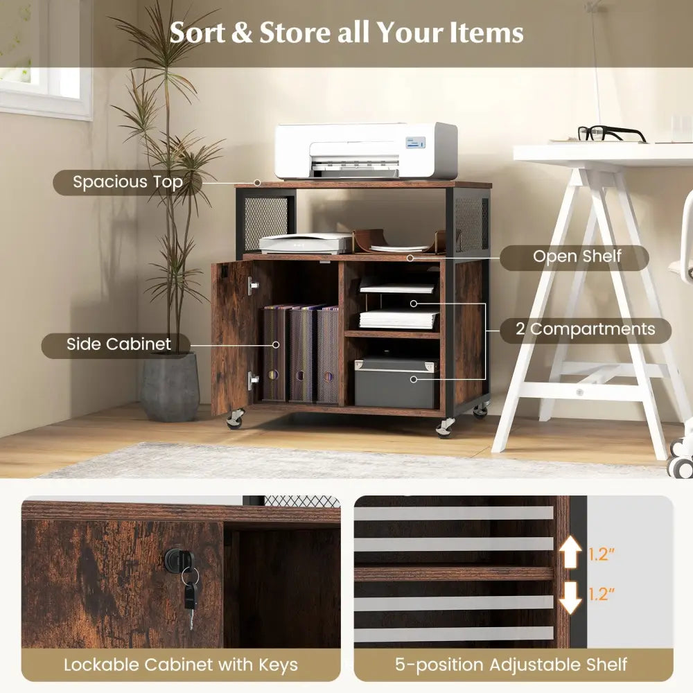 File Cabinet on Wheels with Charging Station and Cable Management Hole-Brown - Brown - File Cabinets