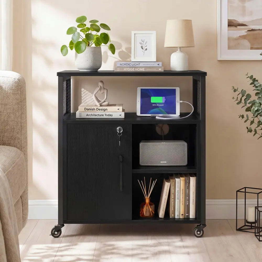 File Cabinet on Wheels with Charging Station and Cable Management Hole-Black - Black - File Cabinets
